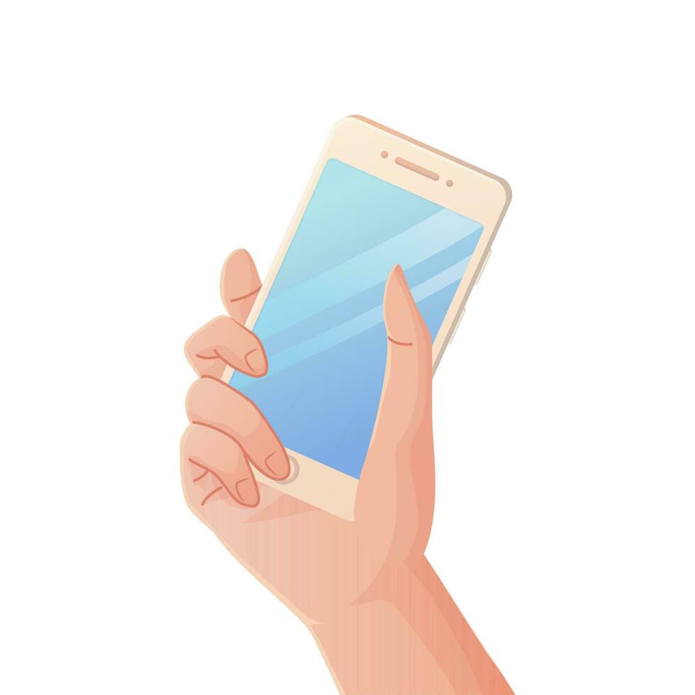caucasian man hand holding a mobile phone isolated on white background. Digital Devices and Technology concept. Stock vector illustration in realistic cartoon style.