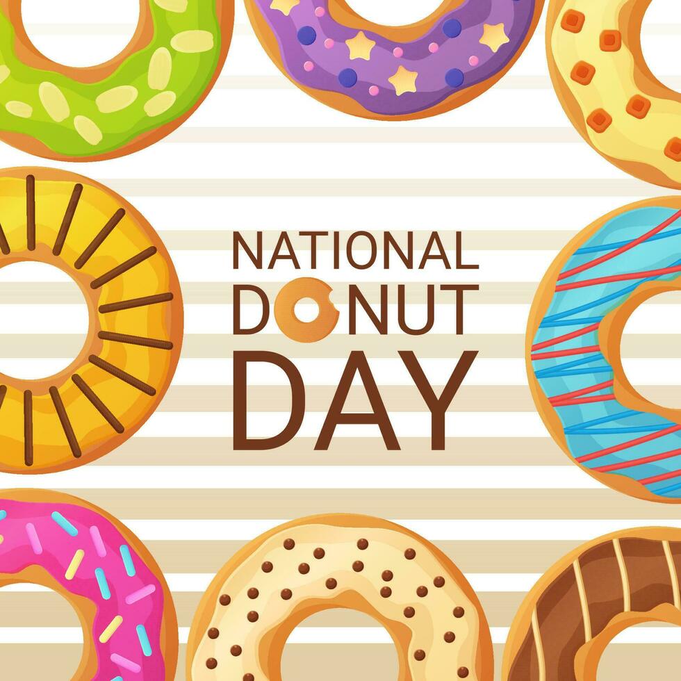 National Donut Day banner. 2 june. Can be used for posters or social media post cover. Stock vector illustration in flat cartoon style.