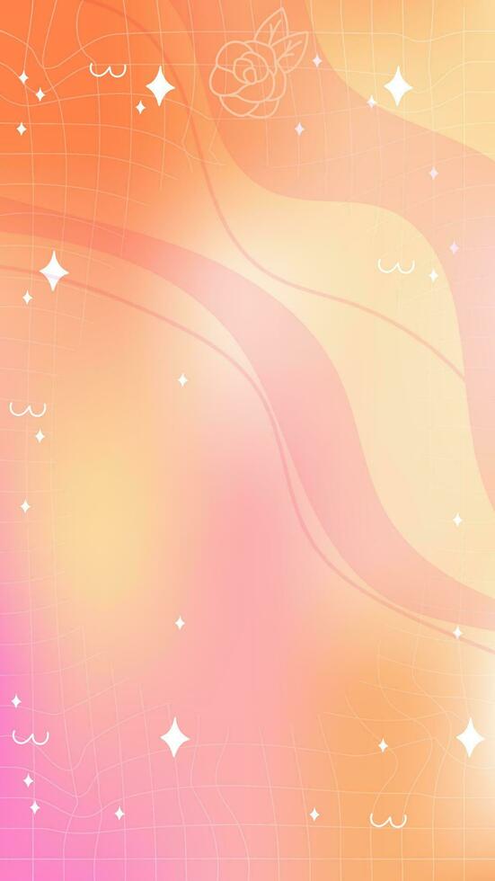 Trendy yellow orange pink blurry mesh gradient abstract storic template background with copy space and hand drawn Kawaii Y2K line and wave elements smooth and rounded doodles vector
