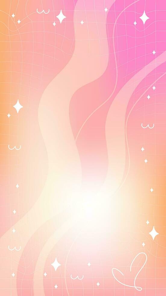 Trendy yellow orange pink blurry mesh gradient abstract storic template background with copy space and hand drawn Kawaii Y2K line and wave elements smooth and rounded doodles vector