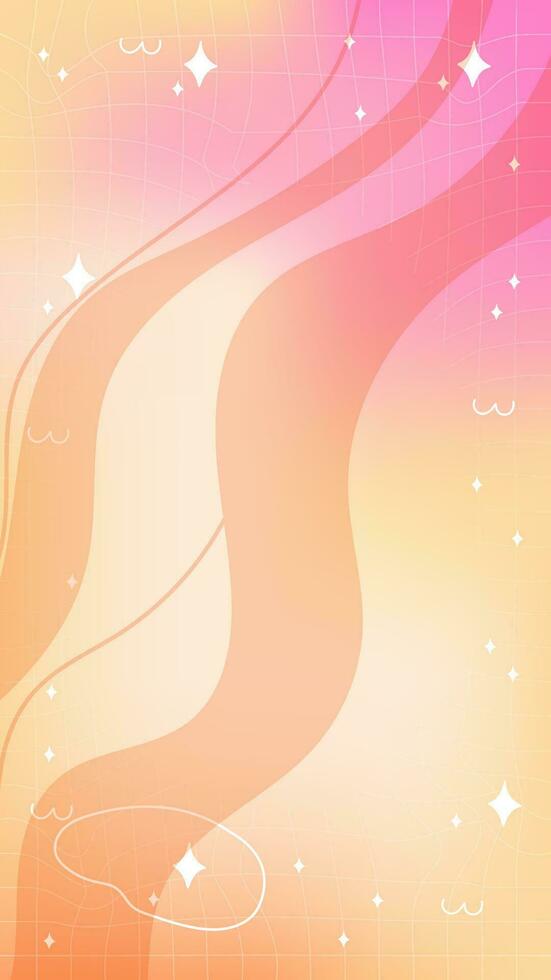 Trendy yellow orange pink blurry mesh gradient abstract storic template background with copy space and hand drawn Kawaii Y2K line and wave elements smooth and rounded doodles vector