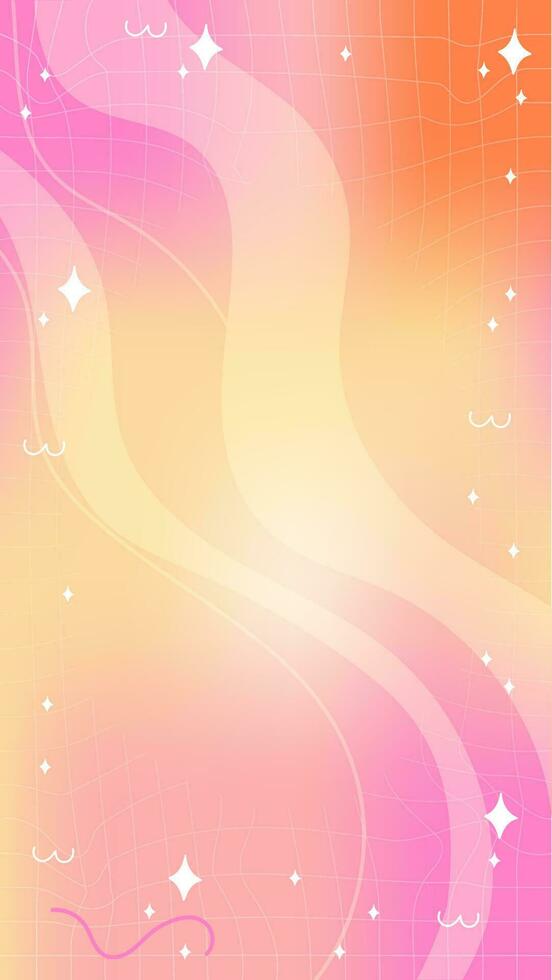 Trendy yellow orange pink blurry mesh gradient abstract storic template background with copy space and hand drawn Kawaii Y2K line and wave elements smooth and rounded doodles vector