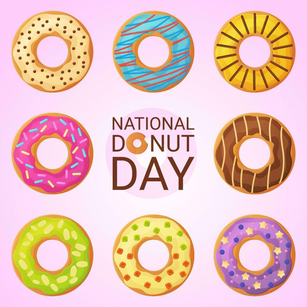 National Donut Day banner. 2 june. Can be used for posters or social media post cover. Stock vector illustration in flat cartoon style.
