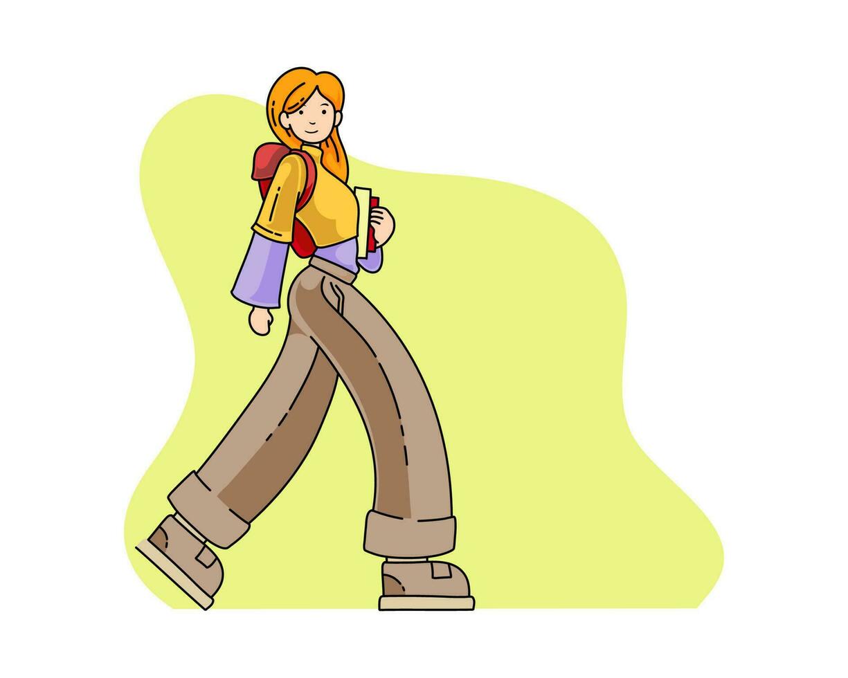 Vector illustration of a girl walking carrying book and bag on back flat doodle style