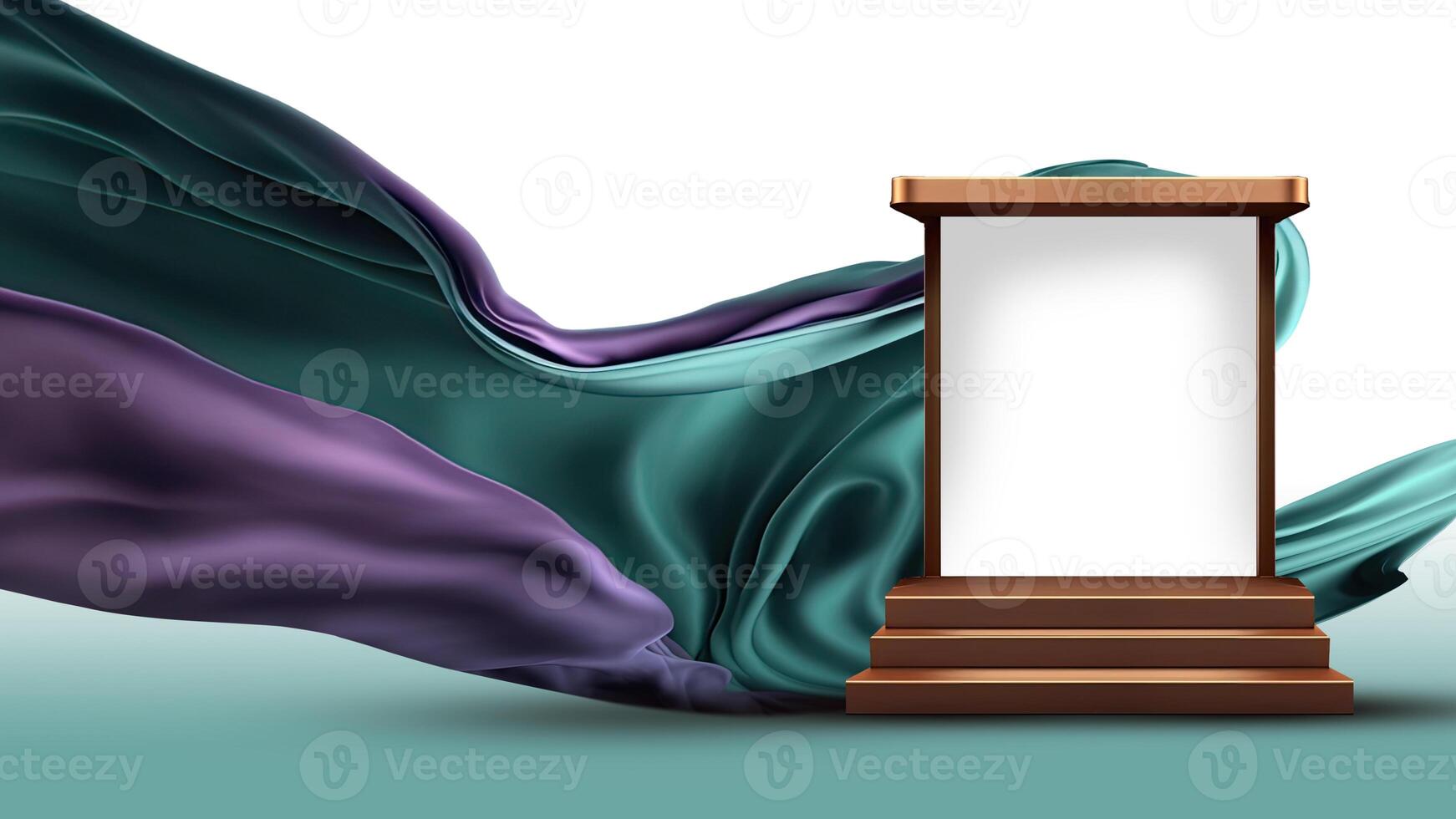 Blank Bronze Frame Stand or Stage Mockup On Purple And Teal Floating Silk Fabric Background. photo