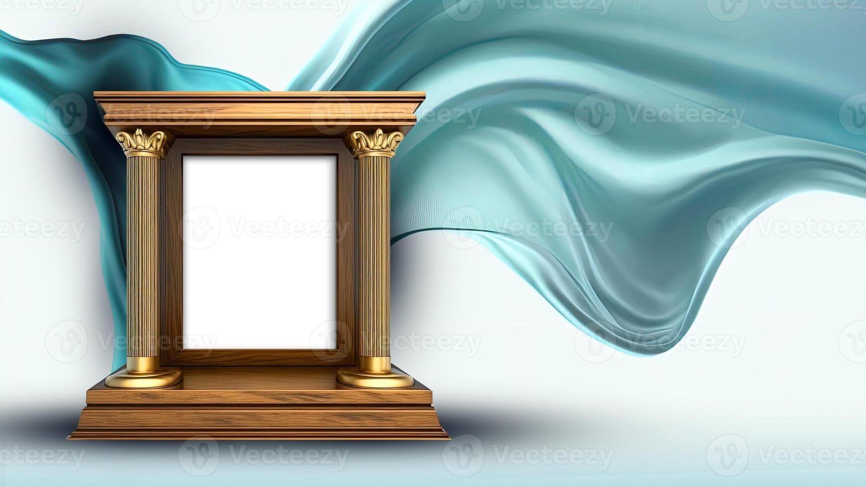 Classic Arch Stage Mockup On Turquoise Floating Silk Fabric Background. photo