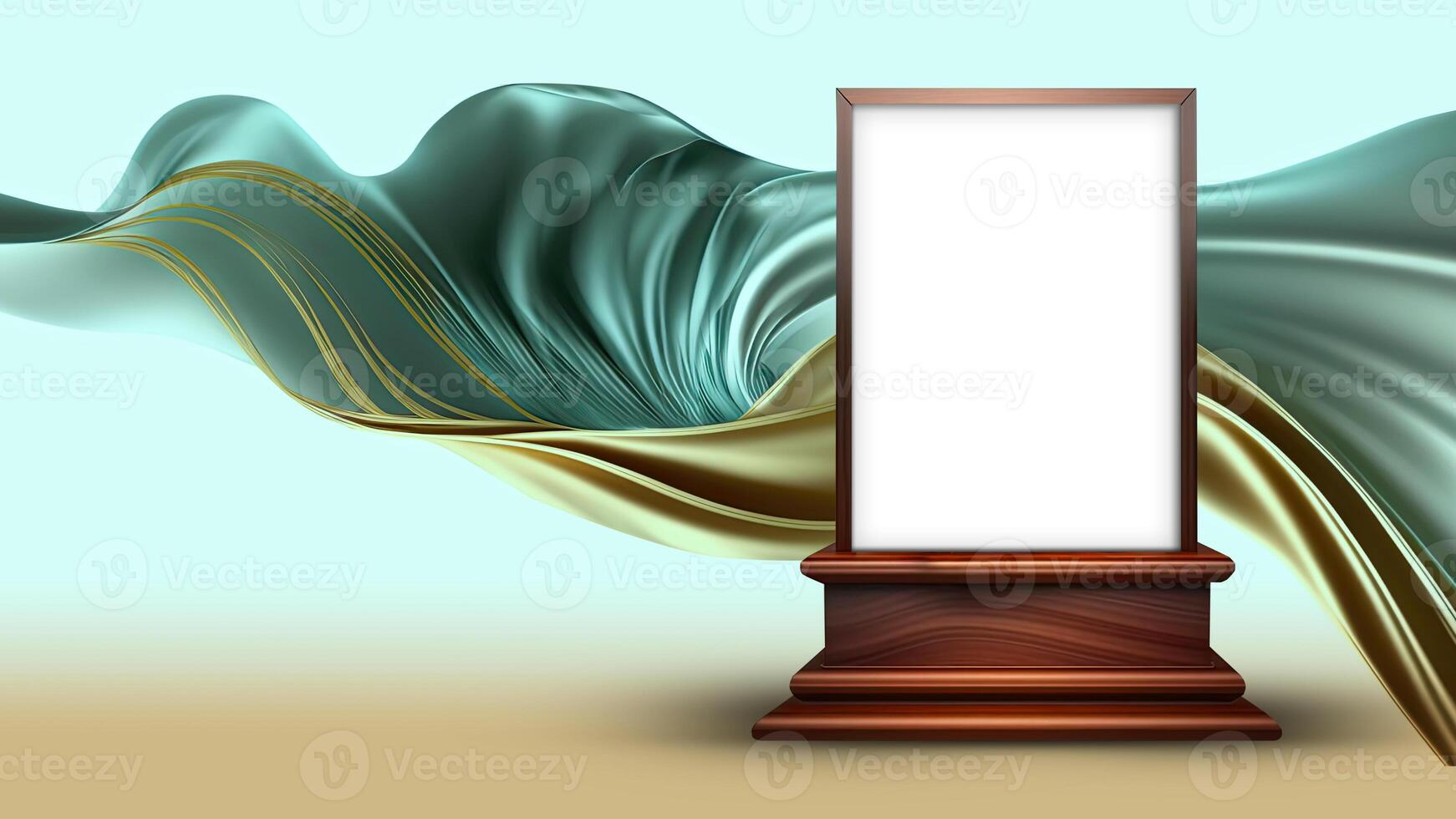 Blank Frame Stand or Product Screen Podium Mockup Against Floating Silk Fabric. photo