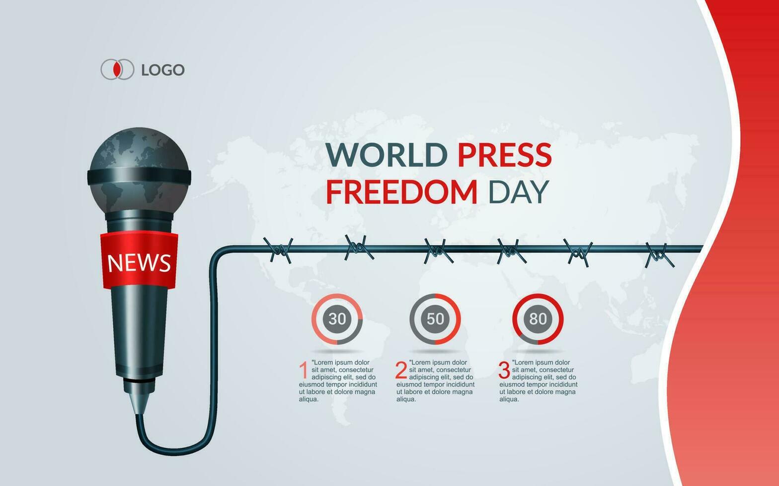 mundo prensa libertad día, infografía mundo prensa libertad día, con diseño mordaz alambres y micrófono 3d vector ilustración