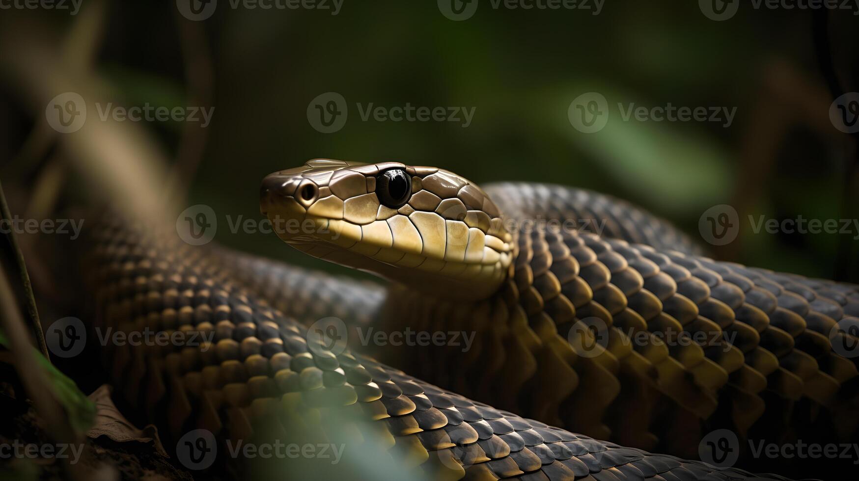 de cerca ver de un negro tipo de serpiente venenosa en un verde selva, mirando adelante y manchado. , con sus perforación ojos y distintivo caracteristicas en claro vista. hecho con generativo ai foto