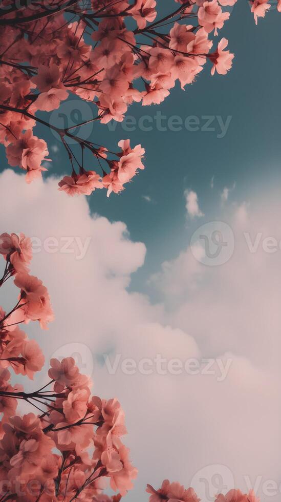 A branch of delicate pink Cherry Blossom flowers is captured in exquisite detail against a stunning backdrop of a blue cloudy sky. photo