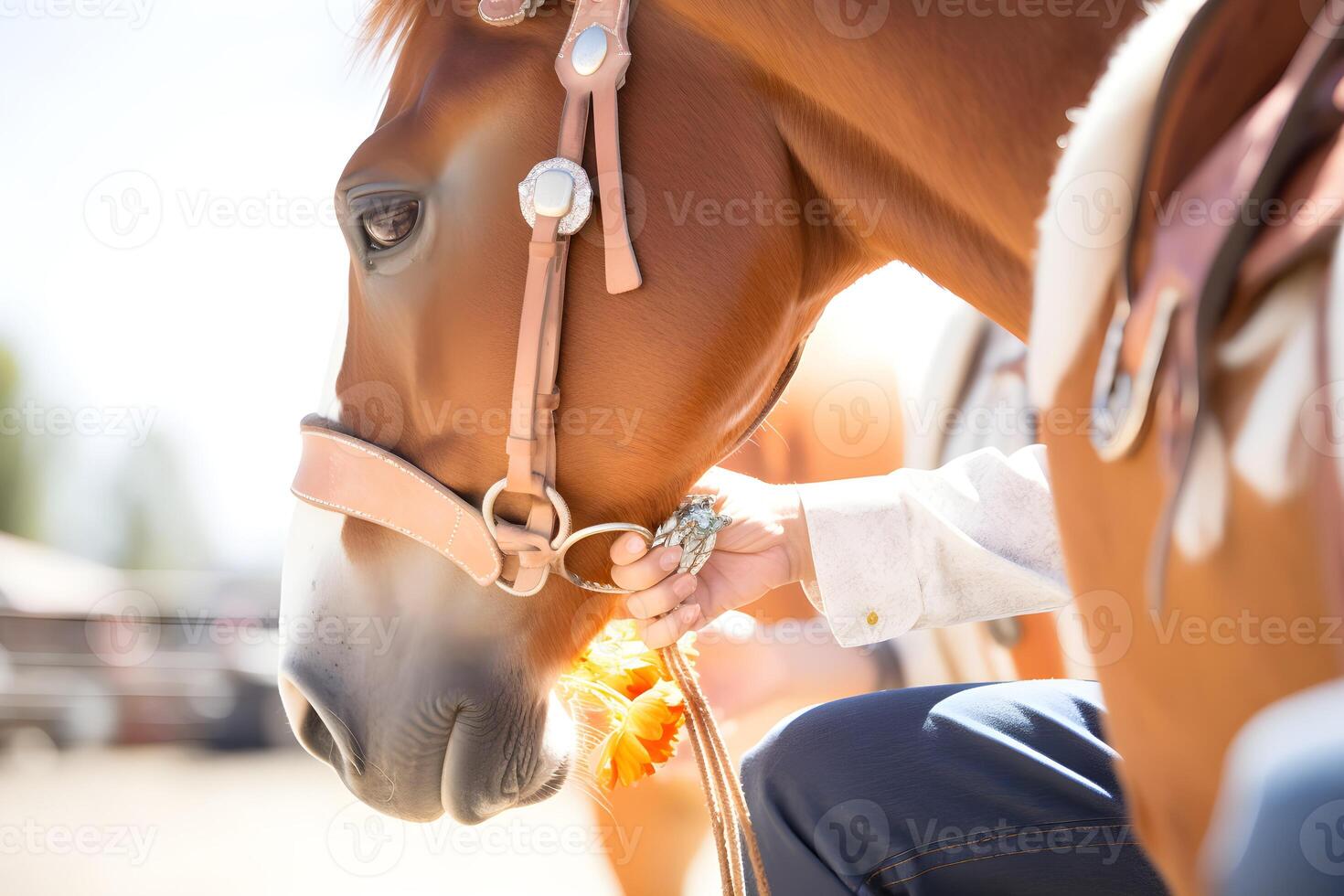 belleza y fuerza de un domesticado caballo en esta maravilloso de cerca retrato. el brillante luz de sol ,mientras el humano mano participación el Correa agrega un toque de compañerismo y confianza. generativo ai foto