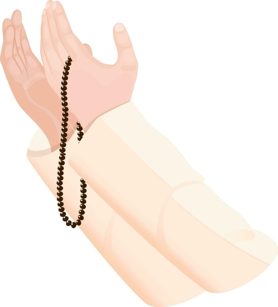 Praying human hands and holding Rosary Beads Tasbih on white background. vector