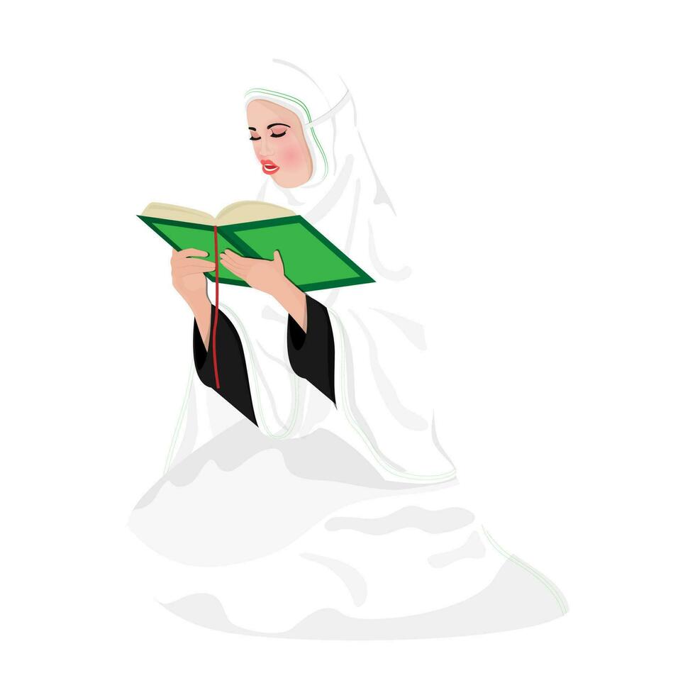 Character of a beautiful Muslim woman reading holy book of Rehal in Salah Prayer, Namaz position. vector