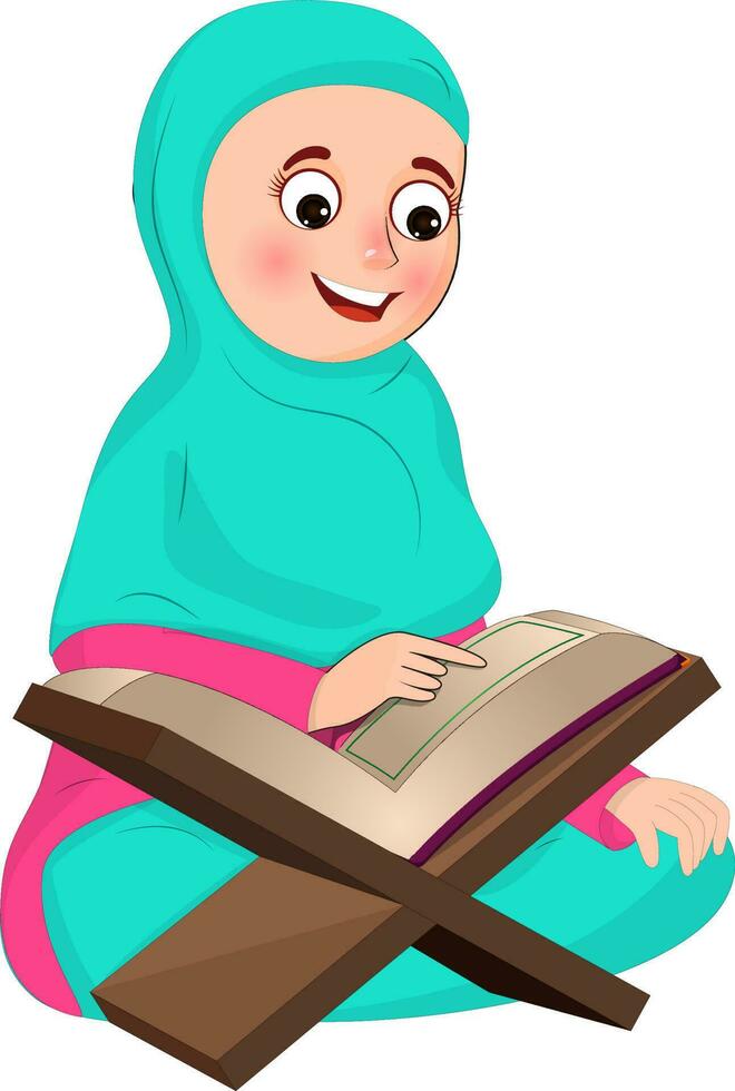 Muslim girl reading holy book in sitting pose. vector