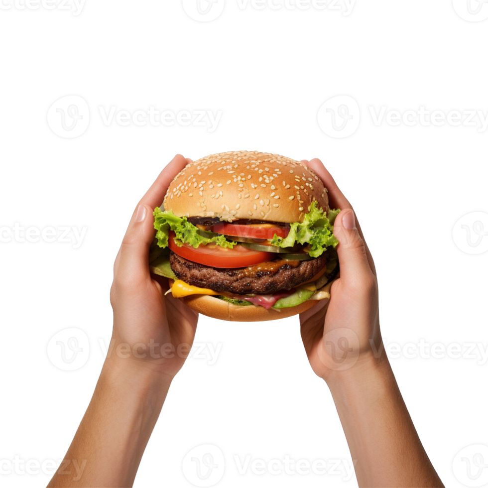 Hands hold a burger isolated on transparent background. png