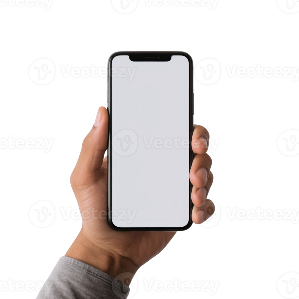 Phone mockup in hand clipping path. a smartphone with a blank white screen. isolated on transparent background. png