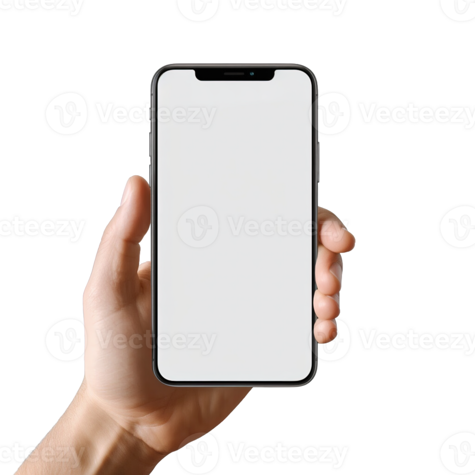 Phone mockup in hand clipping path. a smartphone with a blank white screen. isolated on transparent background. png