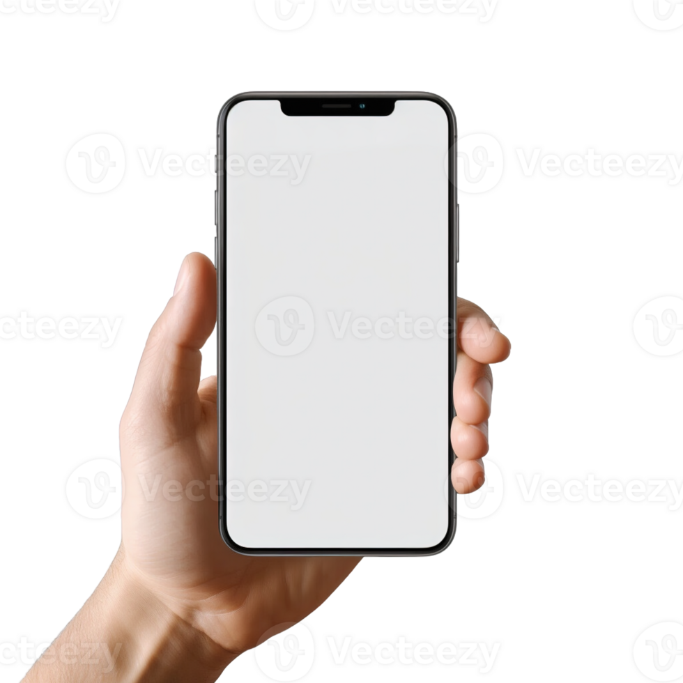 Telefono modello nel mano ritaglio sentiero. un' smartphone con un' vuoto bianca schermo. isolato su trasparente sfondo. ai generato png
