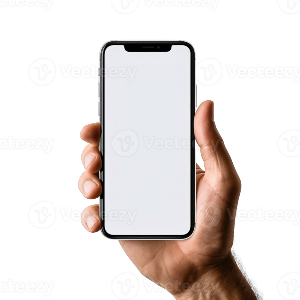 Phone mockup in hand clipping path. a smartphone with a blank white screen. isolated on transparent background. png