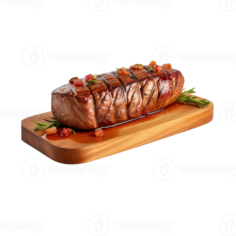 a wooden plate of beef steak grilled with sauce isolated on transparent background. clipping path. png