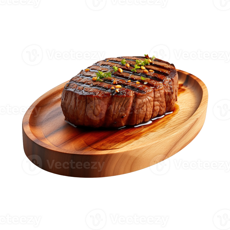 a wooden plate of beef steak grilled with sauce isolated on transparent background. clipping path. png