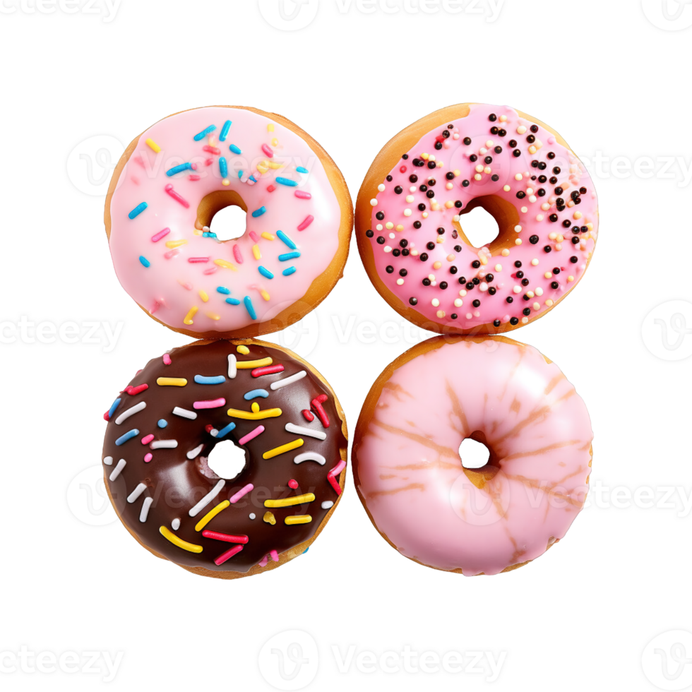 Top view of donuts set isolated on transparent background. Different types of donuts flavor. png