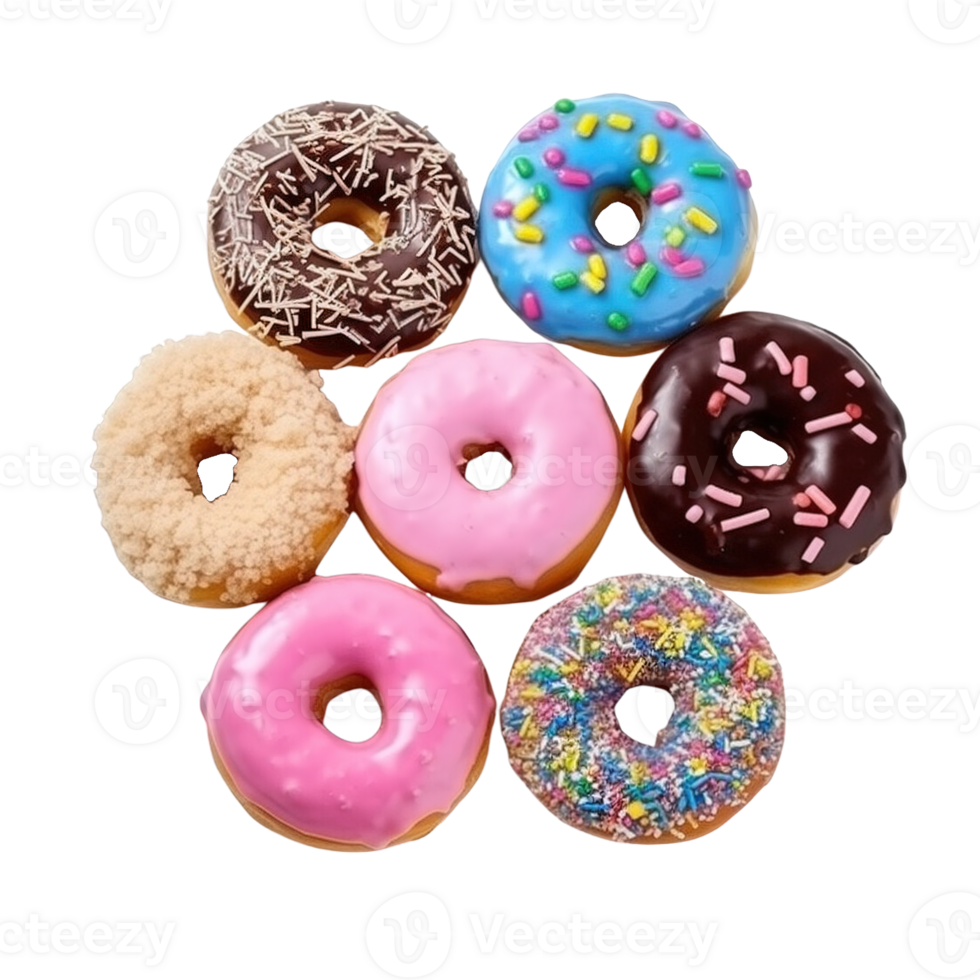 Top view of donuts set isolated on transparent background. Different types of donuts flavor. png