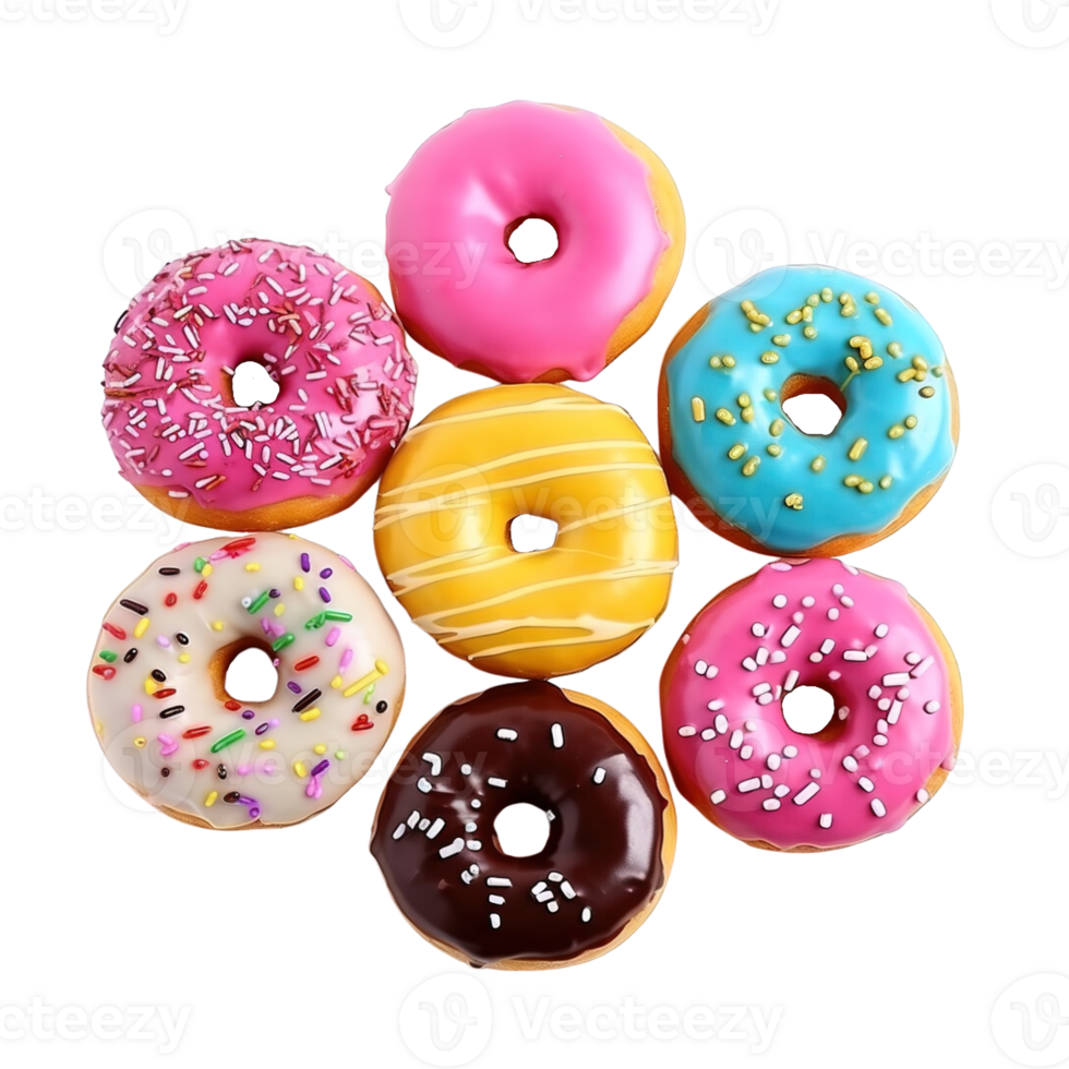 Top view of donuts set isolated on transparent background. Different types of donuts flavor. png