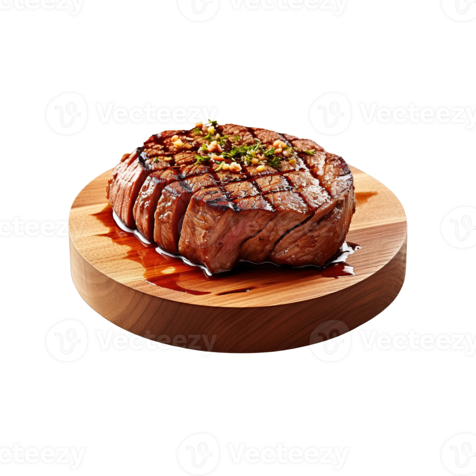 a wooden plate of beef steak grilled with sauce isolated on transparent background. clipping path. png