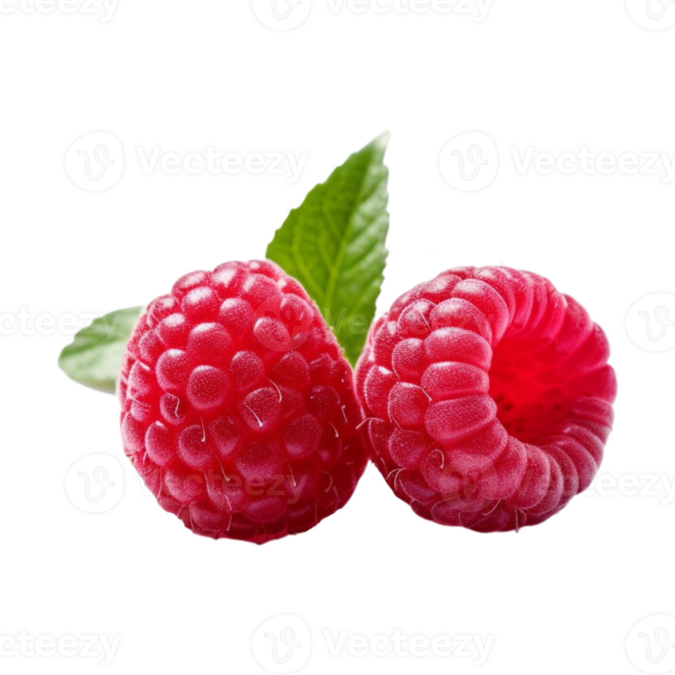 Fresh ripe raspberries with leaves isolated on transparent background. png