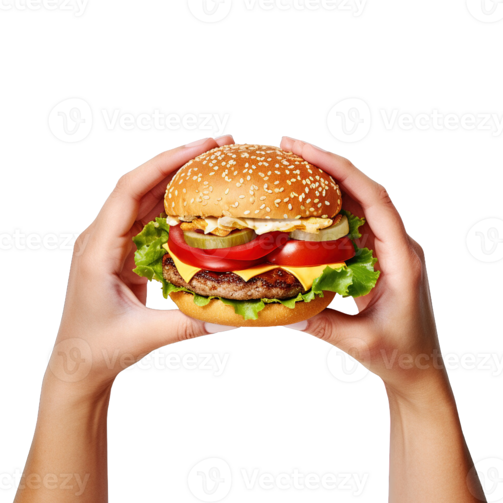 Hands hold a burger isolated on transparent background. png