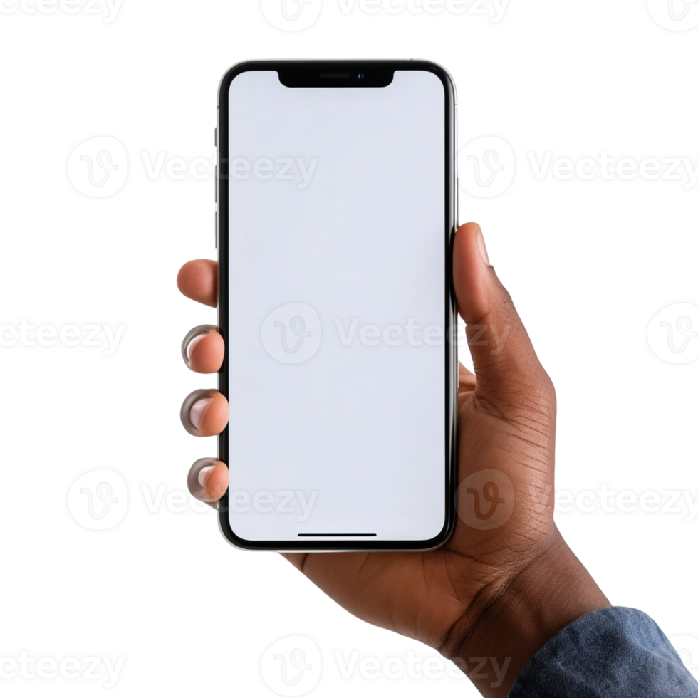 Phone mockup in hand clipping path. a smartphone with a blank white screen. isolated on transparent background. png