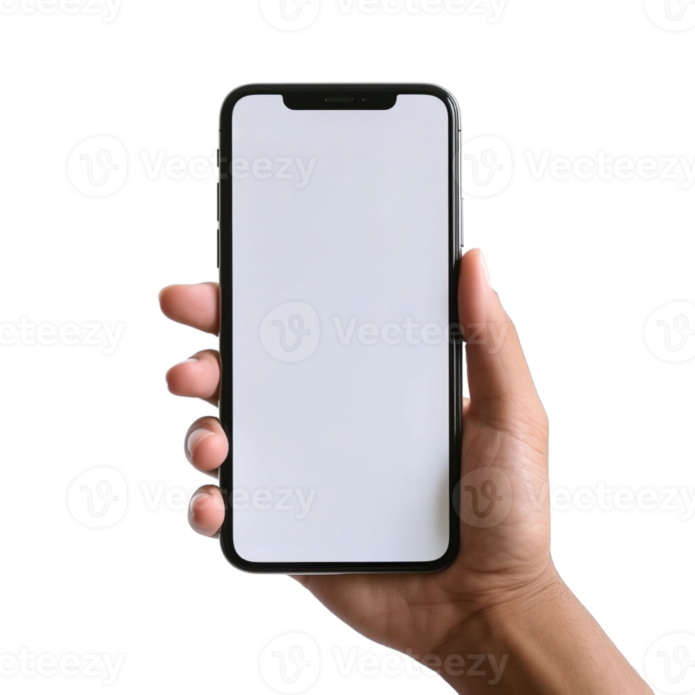 Phone mockup in hand clipping path. a smartphone with a blank white screen. isolated on transparent background. png