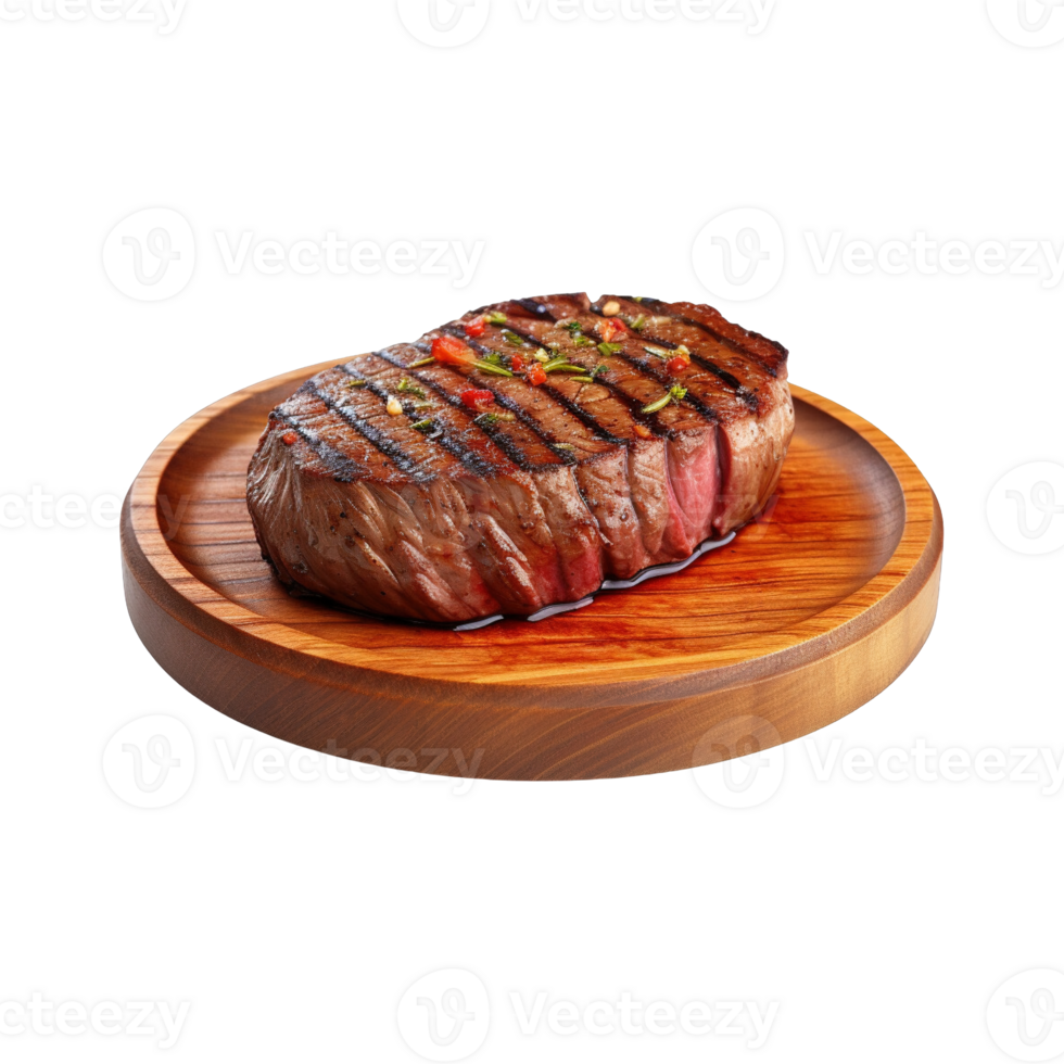 a wooden plate of beef steak grilled with sauce isolated on transparent background. clipping path. png