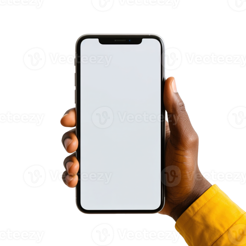 Phone mockup in hand clipping path. a smartphone with a blank white screen. isolated on transparent background. png