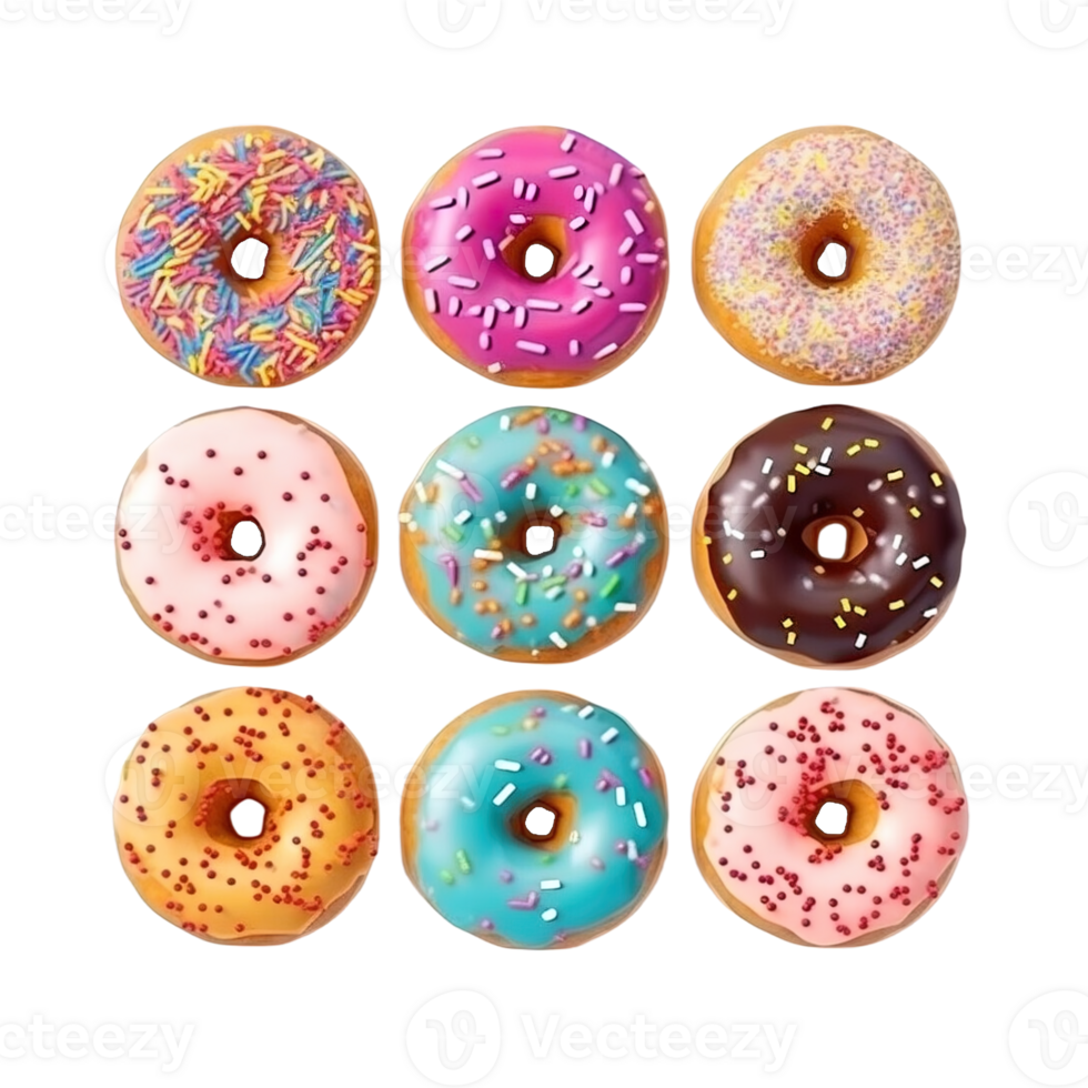Top view of donuts set isolated on transparent background. Different types of donuts flavor. png