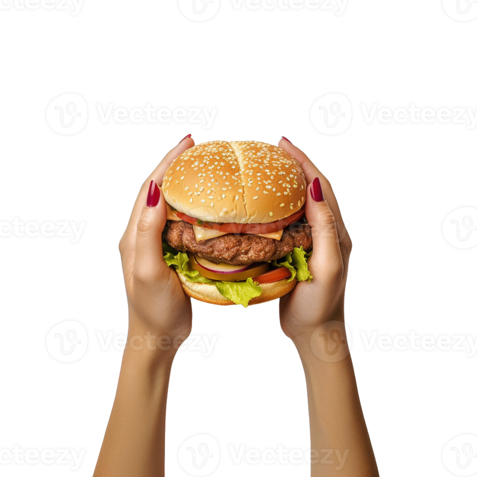 Hands hold a burger isolated on transparent background. png