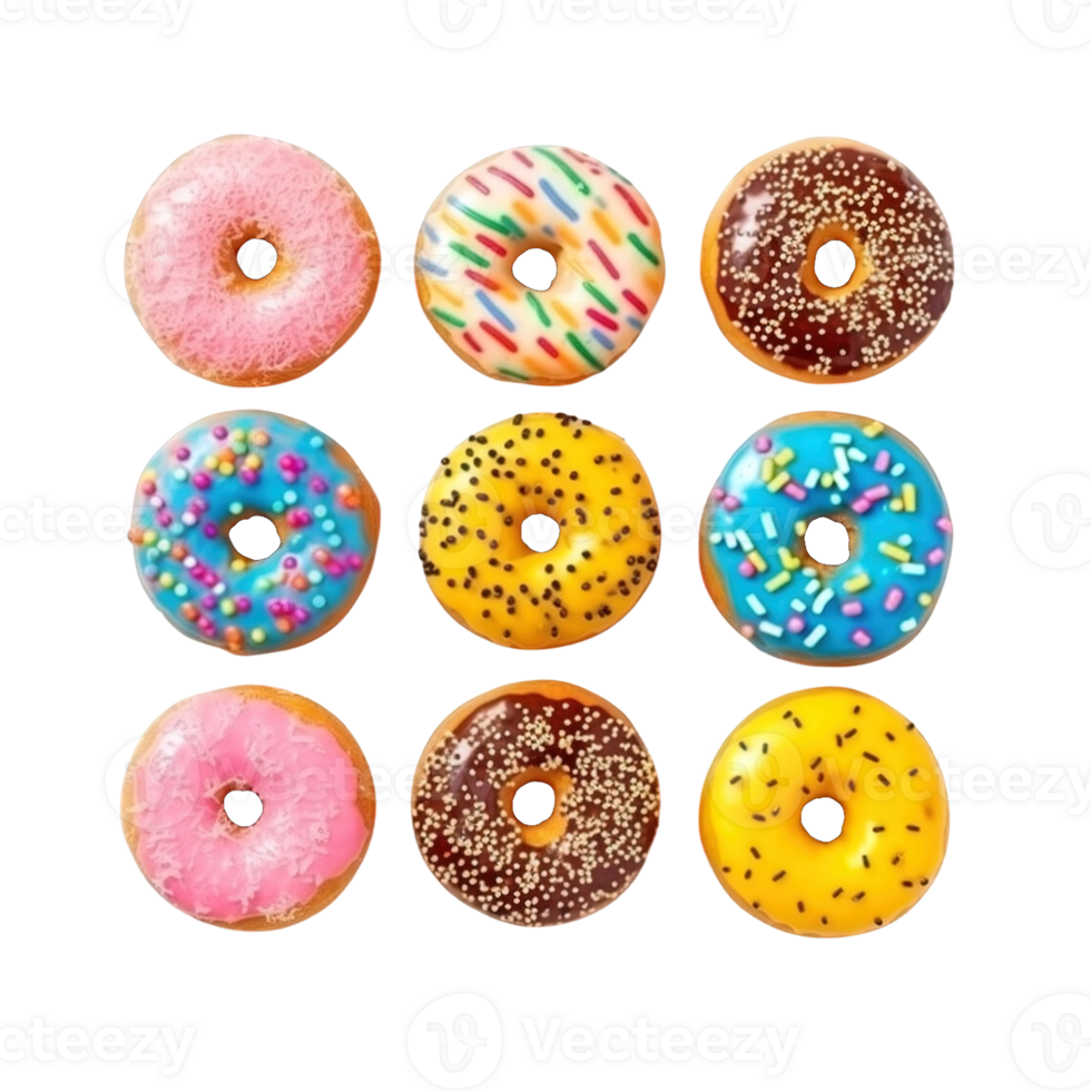 Top view of donuts set isolated on transparent background. Different types of donuts flavor. png
