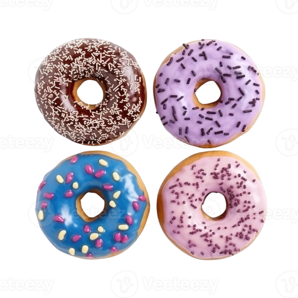 Top view of donuts set isolated on transparent background. Different types of donuts flavor. png