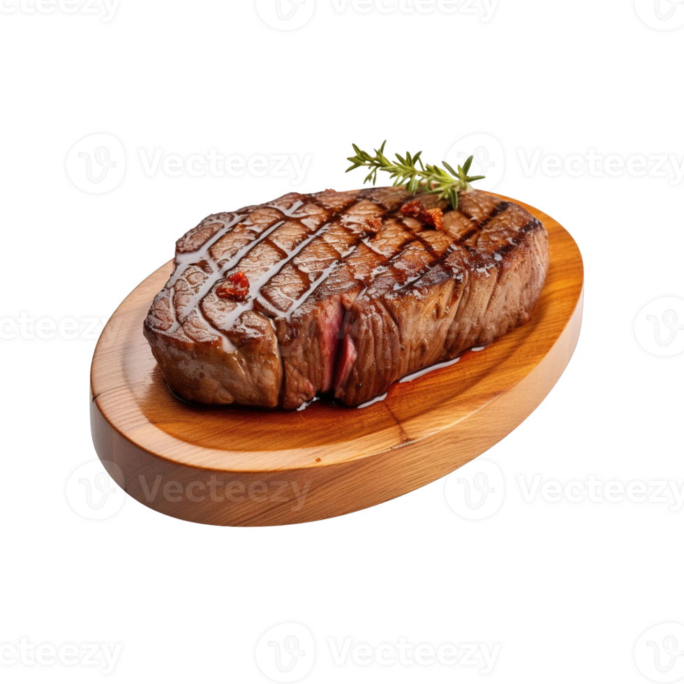 a wooden plate of beef steak grilled with sauce isolated on transparent background. clipping path. png