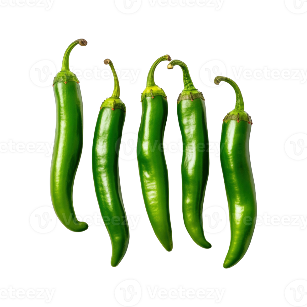 Green chili peppers isolated on transparent background. clipping path