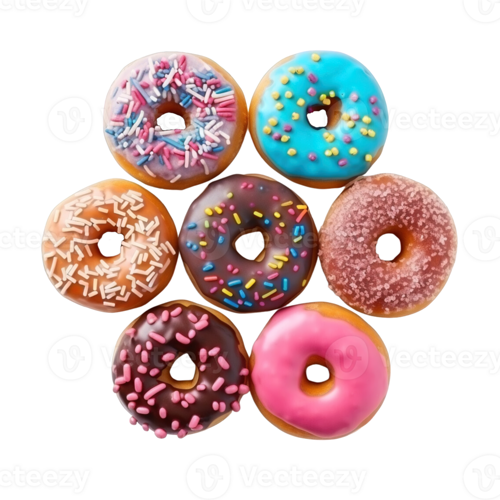 Top view of donuts set isolated on transparent background. Different types of donuts flavor. png