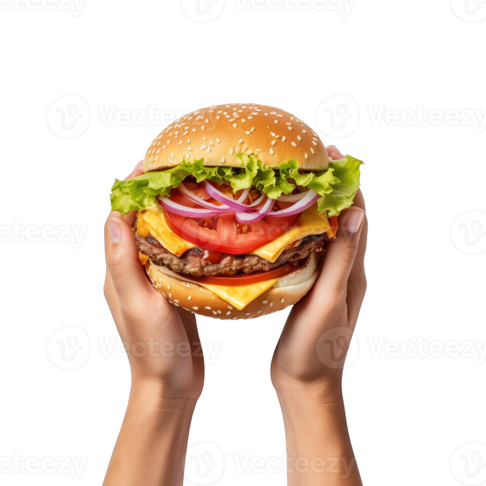 Hands hold a burger isolated on transparent background. png