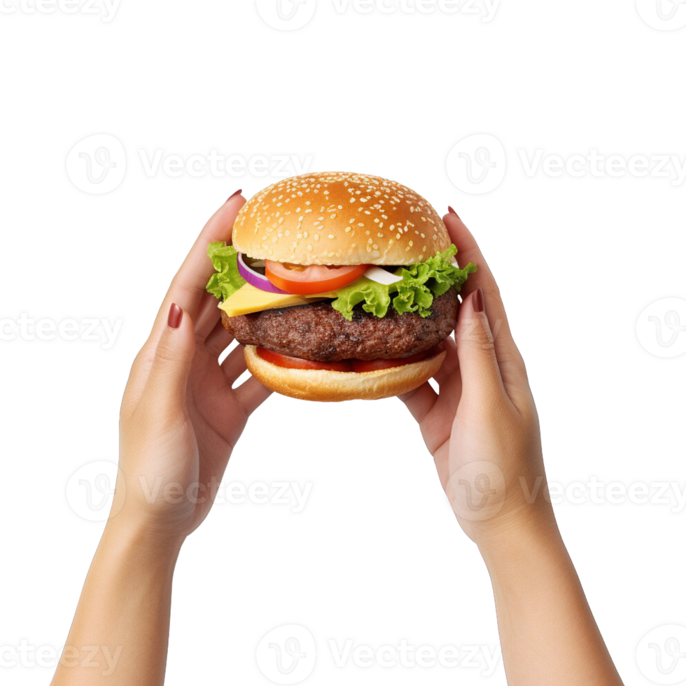 Hands hold a burger isolated on transparent background. png