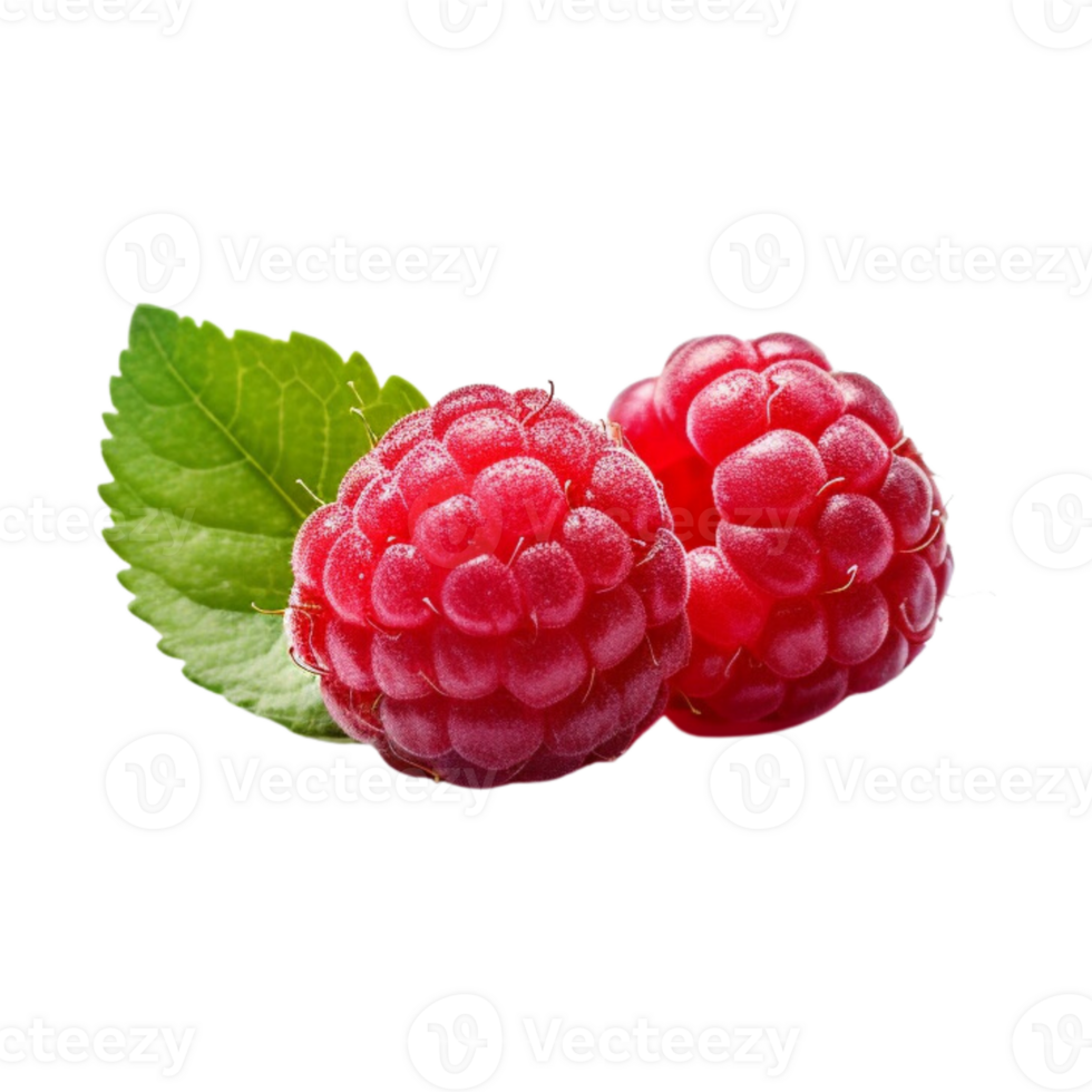 Fresh ripe raspberries with leaves isolated on transparent background. png