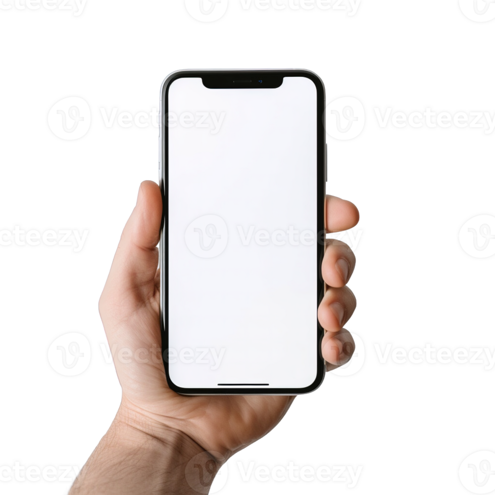 Phone mockup in hand clipping path. a smartphone with a blank white screen. isolated on transparent background. png