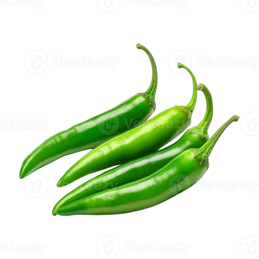 Green chili peppers isolated on transparent background. clipping path. png