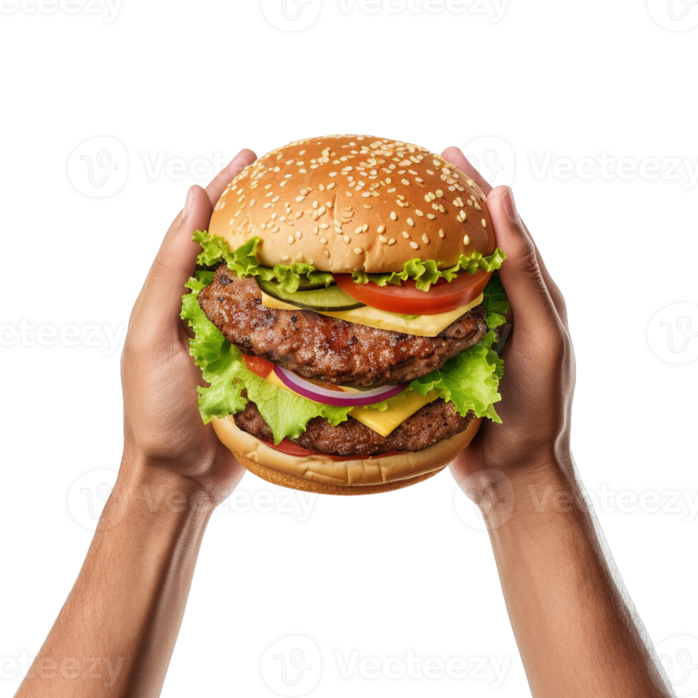 Hands hold a burger isolated on transparent background. png