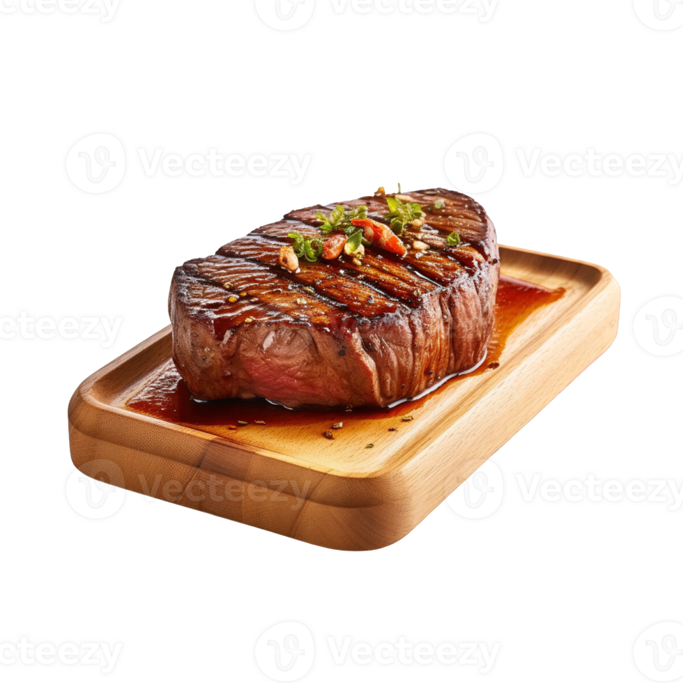 a wooden plate of beef steak grilled with sauce isolated on transparent background. clipping path. png