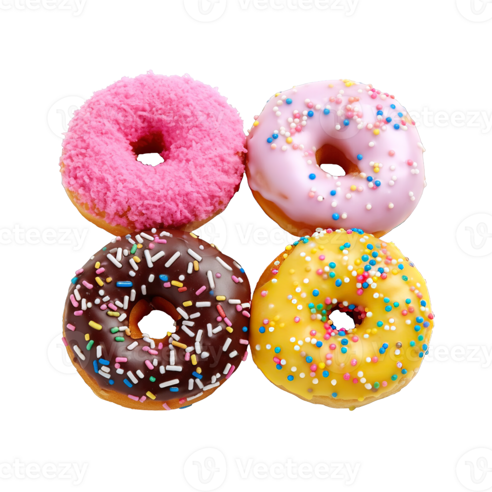 Top view of donuts set isolated on transparent background. Different types of donuts flavor. png